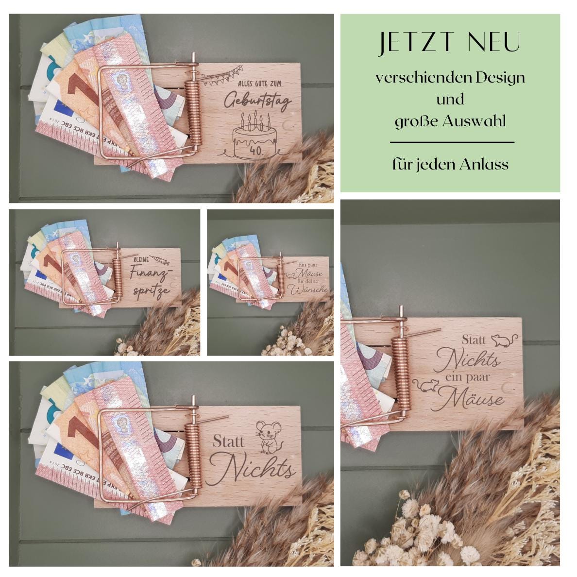 Geldgeschenk Verpackung Mäusefalle, für Jubiläum, Hochzeit, Geburtstag, aus Holz, personalisierbar