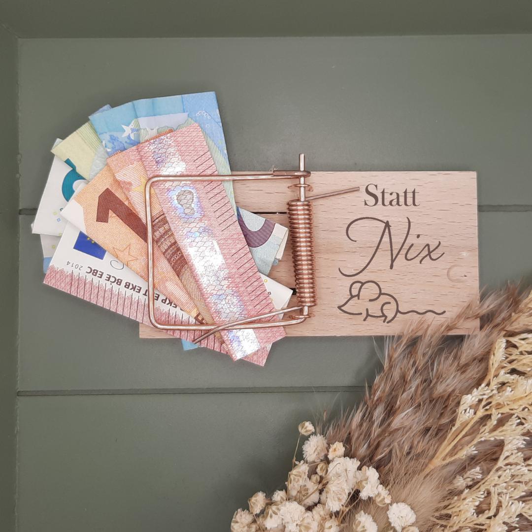 Geldgeschenk Verpackung Mäusefalle, für Jubiläum, Hochzeit, Geburtstag, aus Holz, personalisierbar
