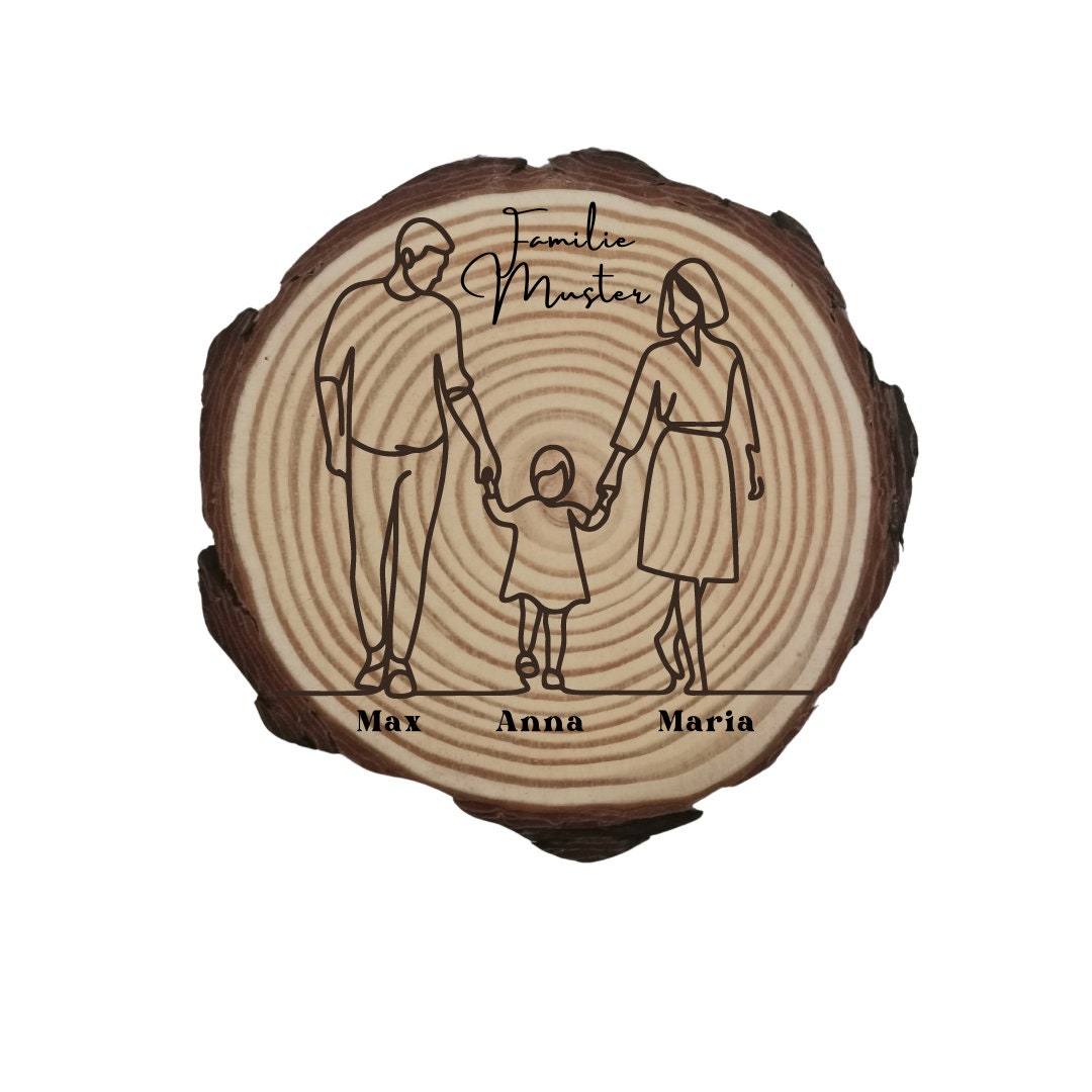Personalisierte Naturholzscheibe für Familien, als einzigartige Deko oder als Hausschild, für Mama, Papa, Oma, aus Kiefernholz