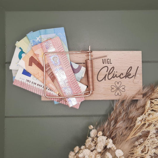 Geldgeschenk Verpackung Mäusefalle, für Jubiläum, Hochzeit, Geburtstag, aus Holz, personalisierbar