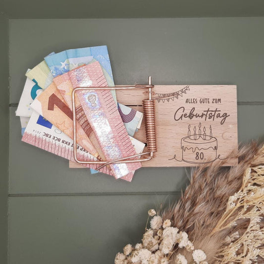 Geldgeschenk Verpackung Mäusefalle, für Jubiläum, Hochzeit, Geburtstag, aus Holz, personalisierbar