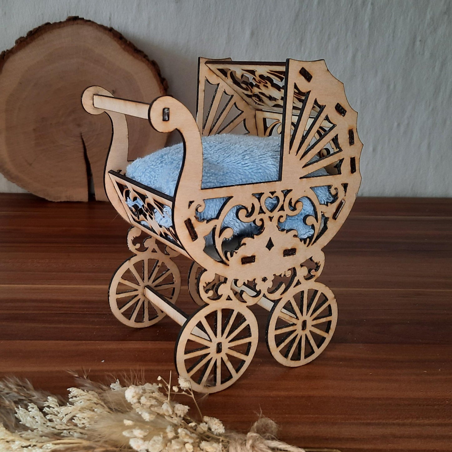 Kinderwagen aus Holz, Deko, Geldgeschenk, Geburt, Storchaufstellen, Mädchen, Junge