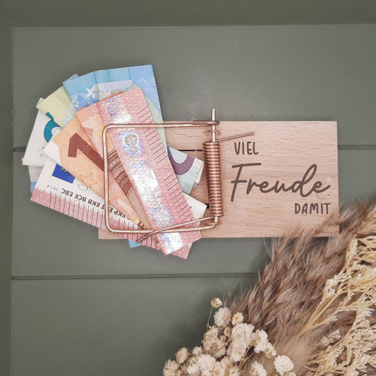 Geldgeschenk Verpackung Mäusefalle, für Jubiläum, Hochzeit, Geburtstag, aus Holz, personalisierbar