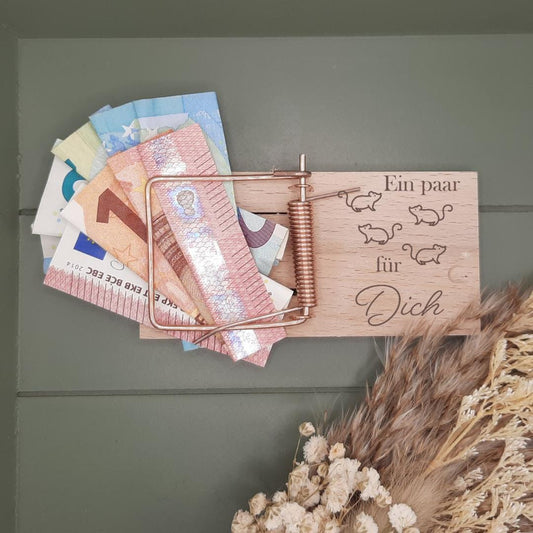 Geldgeschenk Verpackung Mäusefalle, für Jubiläum, Hochzeit, Geburtstag, aus Holz, personalisierbar