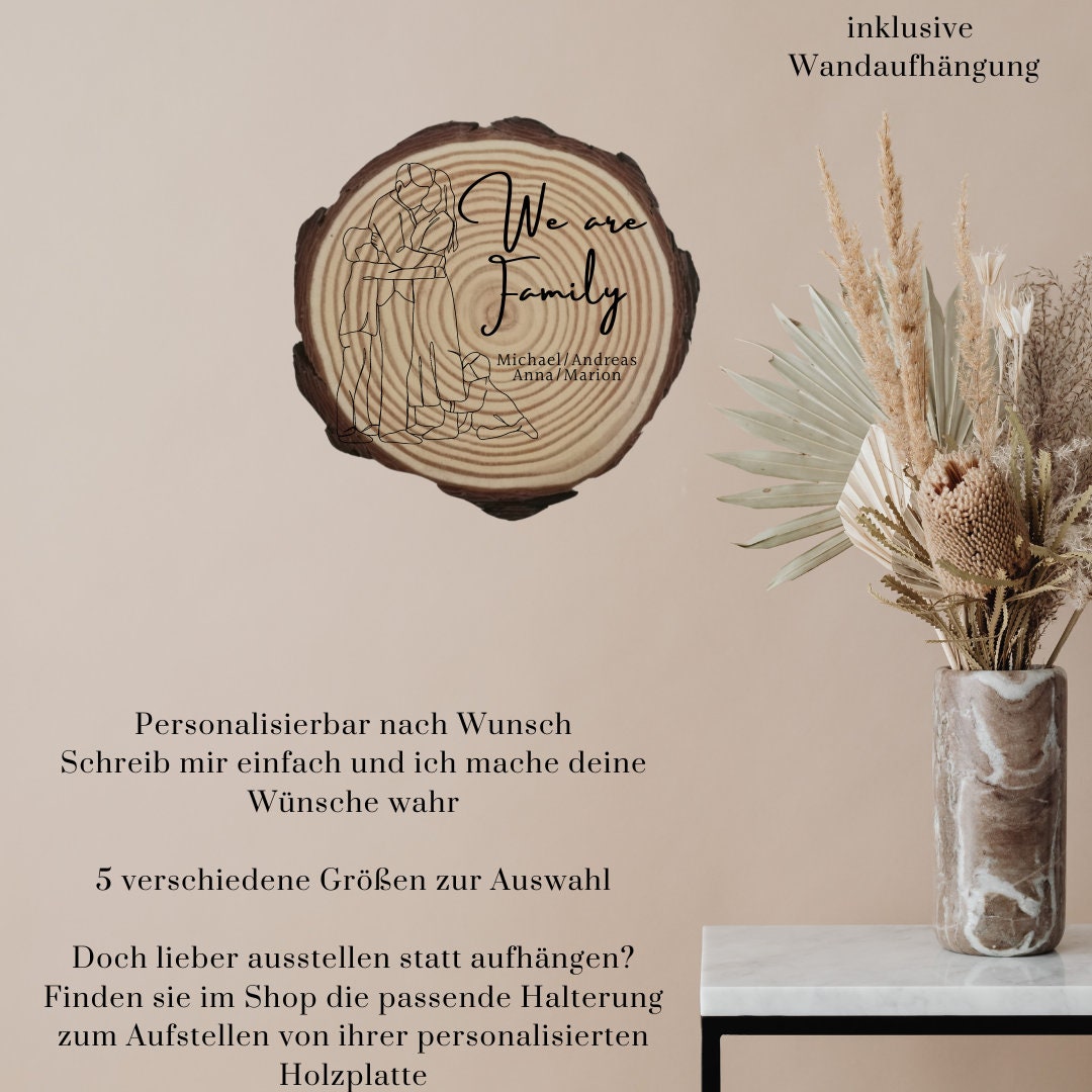 Personalisierte Naturholzscheibe für Familien, als einzigartige Deko oder als Hausschild, für Mama, Papa, Oma, aus Kiefernholz