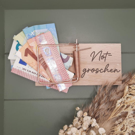 Geldgeschenk Verpackung Mäusefalle, für Jubiläum, Hochzeit, Geburtstag, aus Holz, personalisierbar