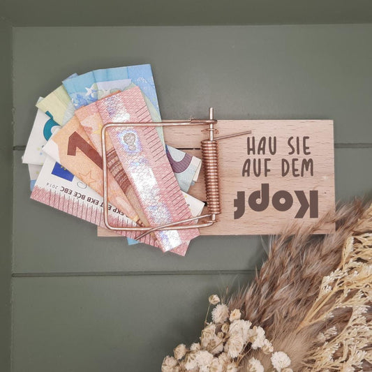 Geldgeschenk Verpackung Mäusefalle, für Jubiläum, Hochzeit, Geburtstag, aus Holz, personalisierbar