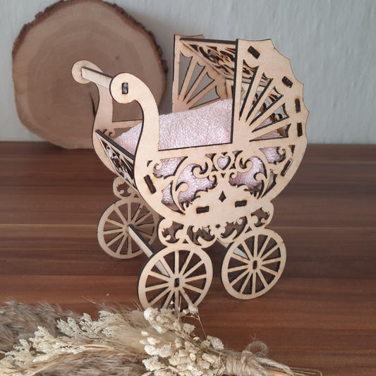 Kinderwagen aus Holz, Deko, Geldgeschenk, Geburt, Storchaufstellen, Mädchen, Junge