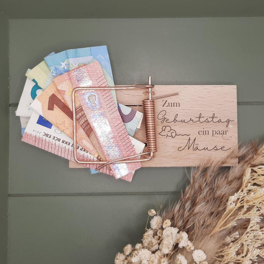 Geldgeschenk Verpackung Mäusefalle, für Jubiläum, Hochzeit, Geburtstag, aus Holz, personalisierbar