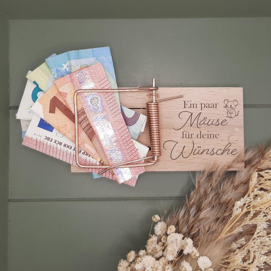 Geldgeschenk Verpackung Mäusefalle, für Jubiläum, Hochzeit, Geburtstag, aus Holz, personalisierbar