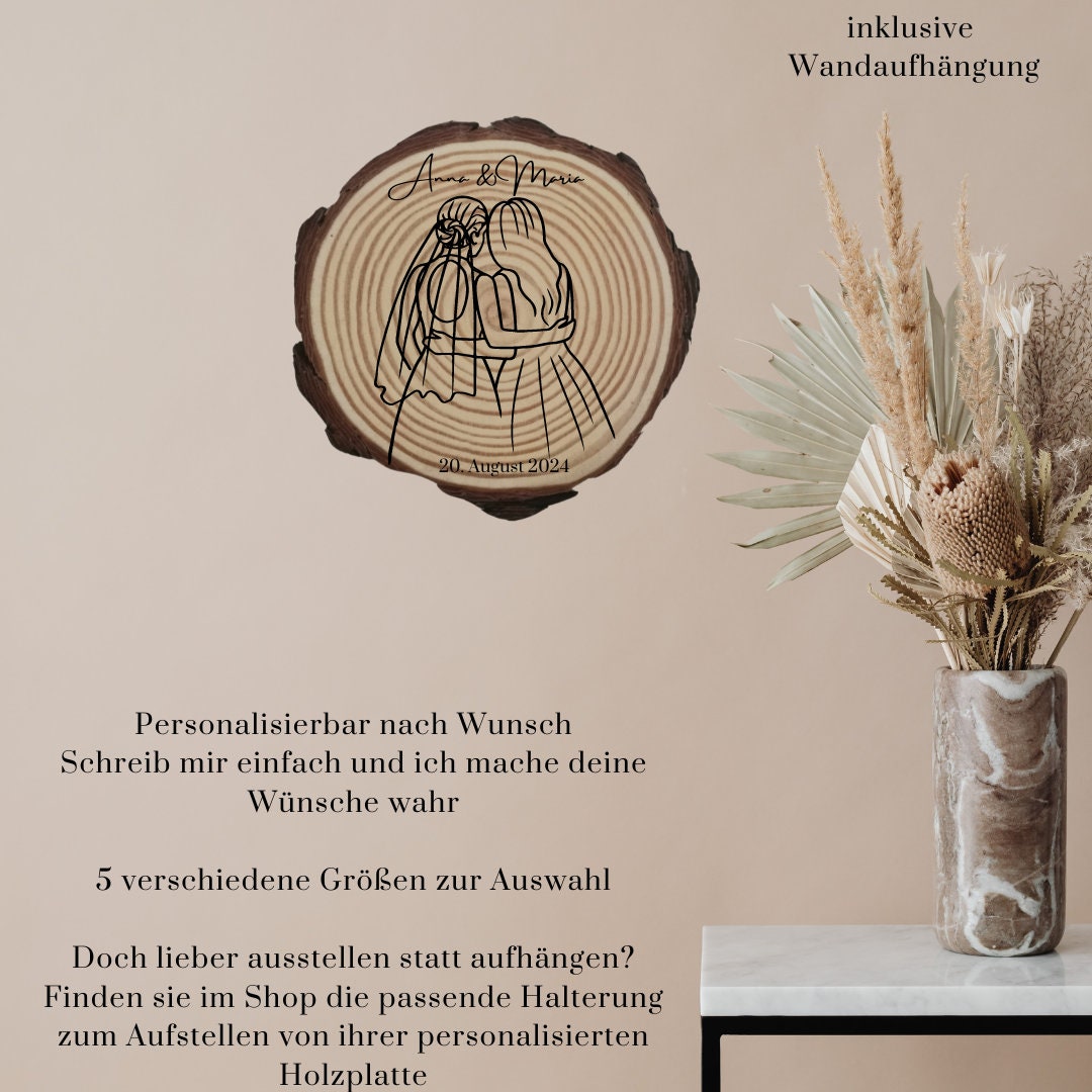 Personalisierte Naturholzscheibe aus Kiefernholz für Hochzeit, Geburtstag, für Paare zu Weihnachten, Gleichgeschlechtliche Ehepaare