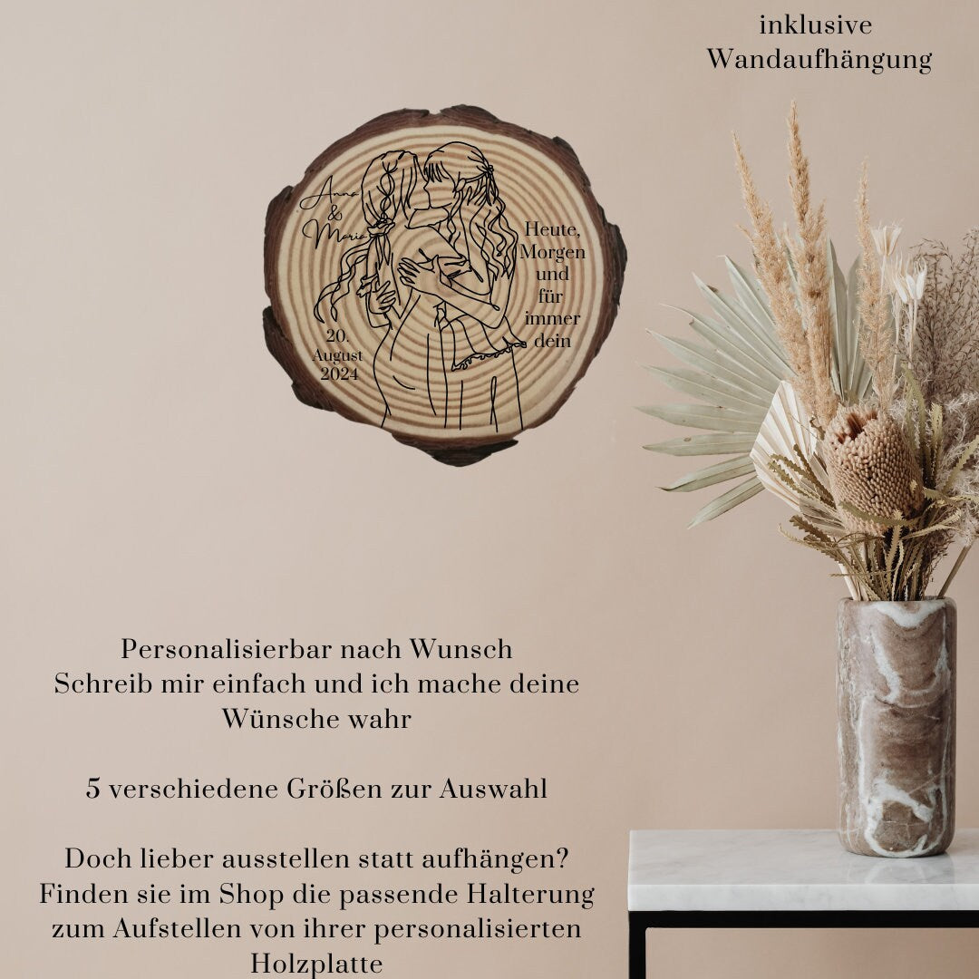 Personalisierte Naturholzscheibe aus Kiefernholz für Hochzeit, Geburtstag, für Paare zu Weihnachten, Gleichgeschlechtliche Ehepaare