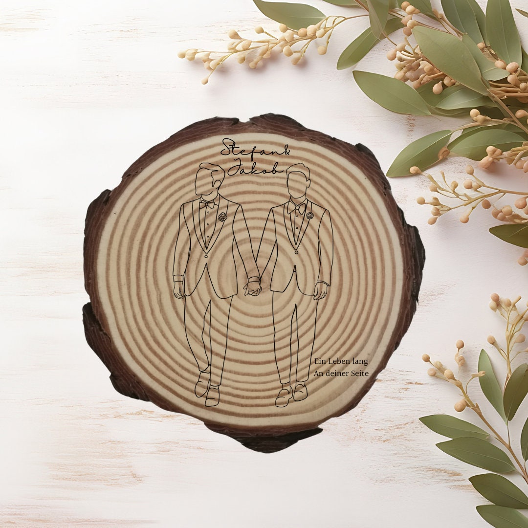 Personalisierte Naturholzscheibe aus Kiefernholz für Hochzeit, Geburtstag, für Paare zu Weihnachten, Gleichgeschlechtliche Ehepaare