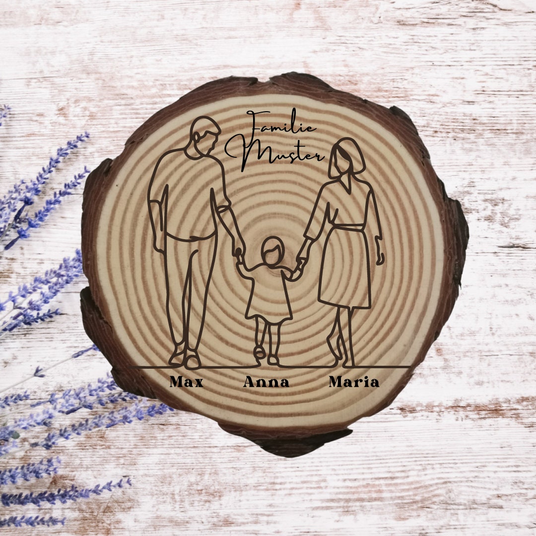 Personalisierte Naturholzscheibe für Familien, als einzigartige Deko oder als Hausschild, für Mama, Papa, Oma, aus Kiefernholz