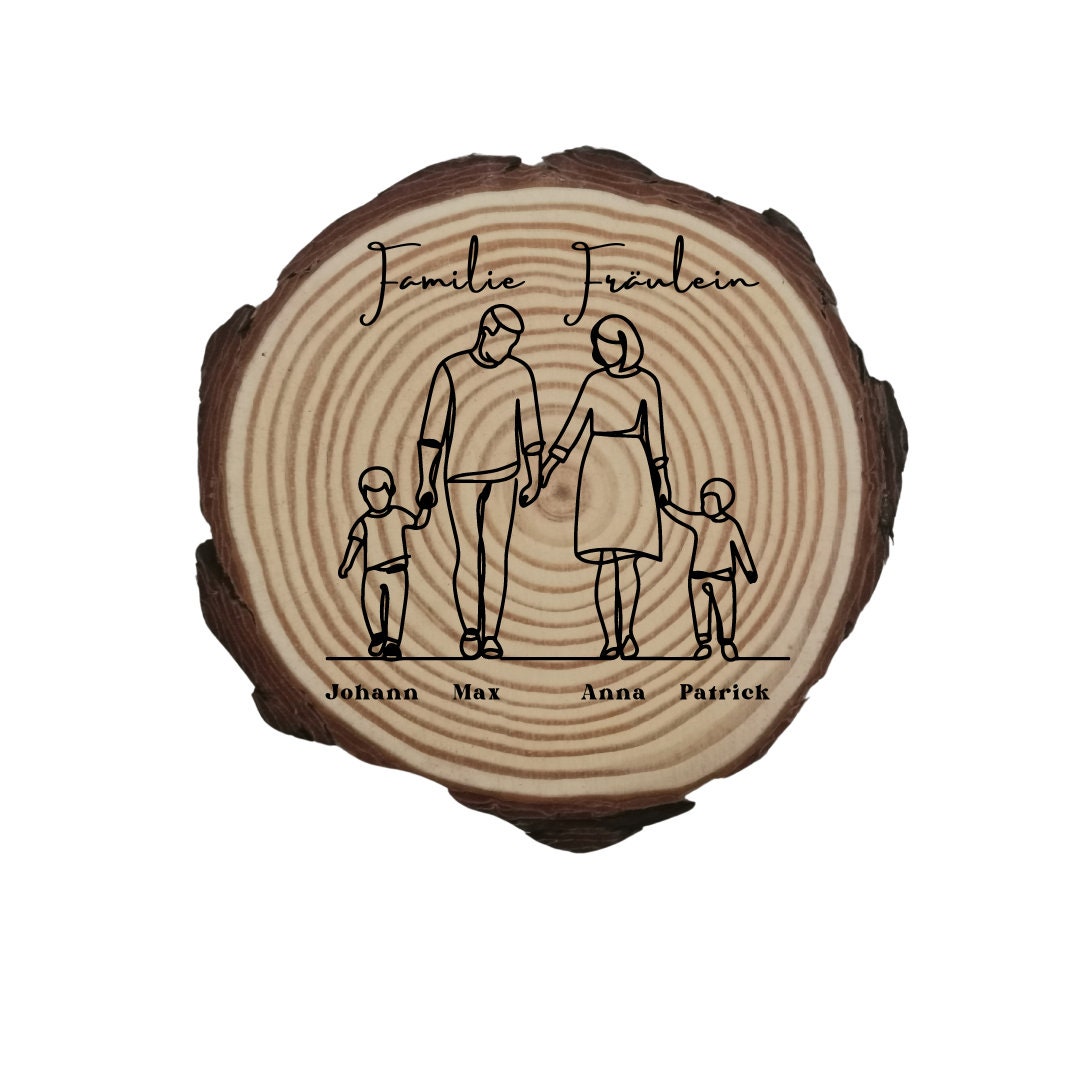 Personalisierte Naturholzscheibe für Familien, als einzigartige Deko oder als Hausschild, für Mama, Papa, Oma, aus Kiefernholz