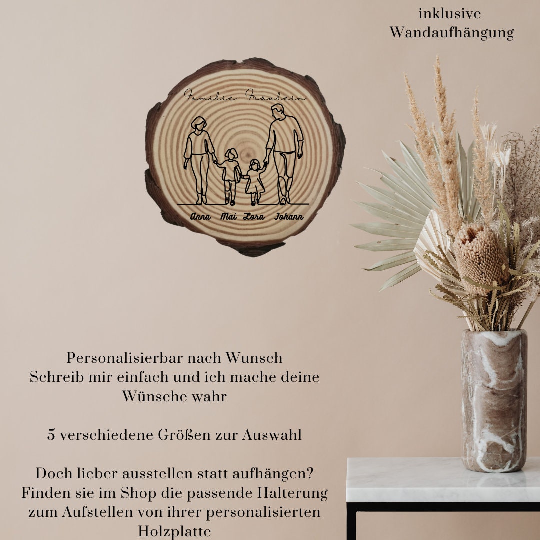 Personalisierte Naturholzscheibe für Familien, als einzigartige Deko oder als Hausschild, für Mama, Papa, Oma, aus Kiefernholz