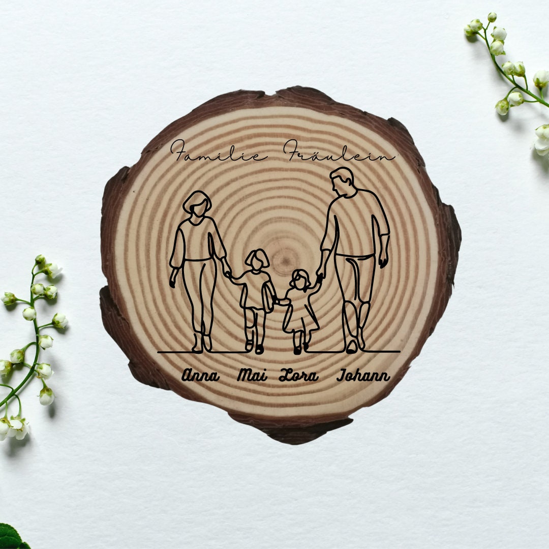 Personalisierte Naturholzscheibe für Familien, als einzigartige Deko oder als Hausschild, für Mama, Papa, Oma, aus Kiefernholz