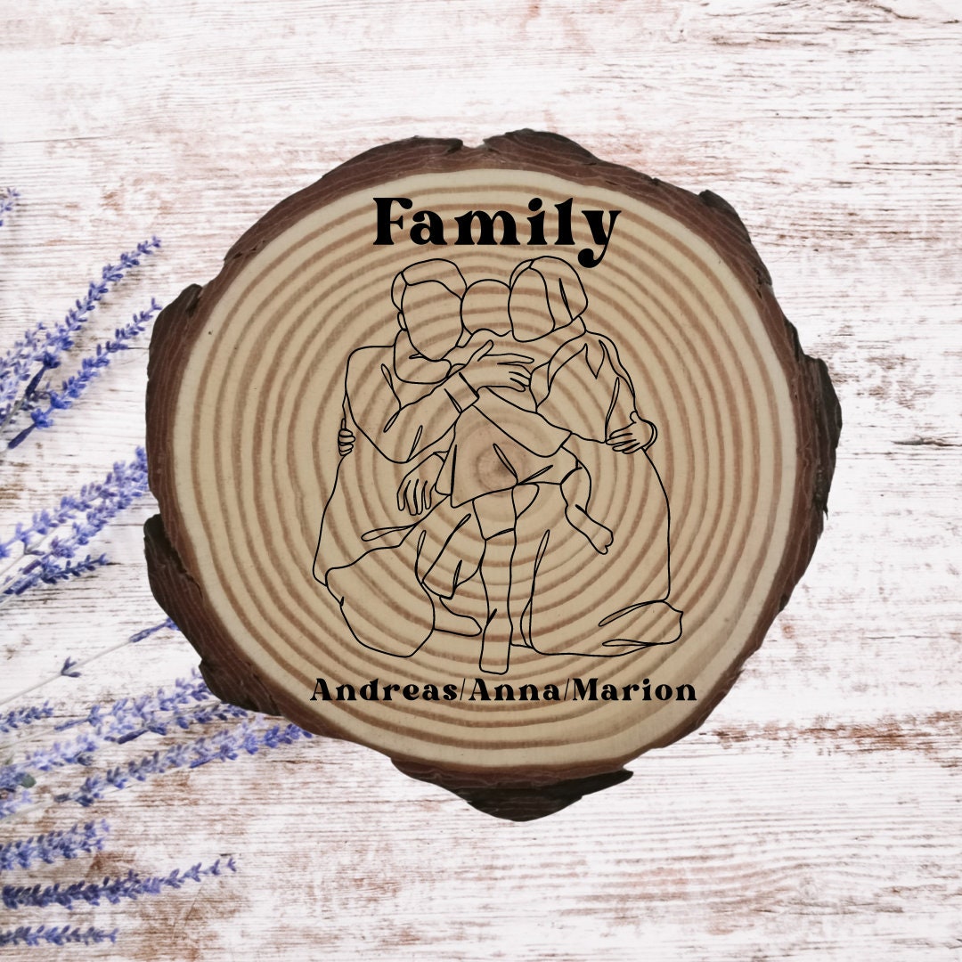 Personalisierte Naturholzscheibe für Familien, als einzigartige Deko oder als Hausschild, für Mama, Papa, Oma, aus Kiefernholz