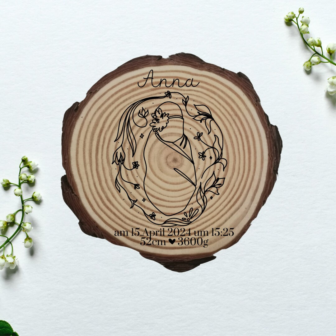 Personalisierte Naturholzscheibe zur Geburt, Baby, als einzigartige Deko, für Mama, Oma, aus Kiefernholz, zum Geburtstag, Weihnachten