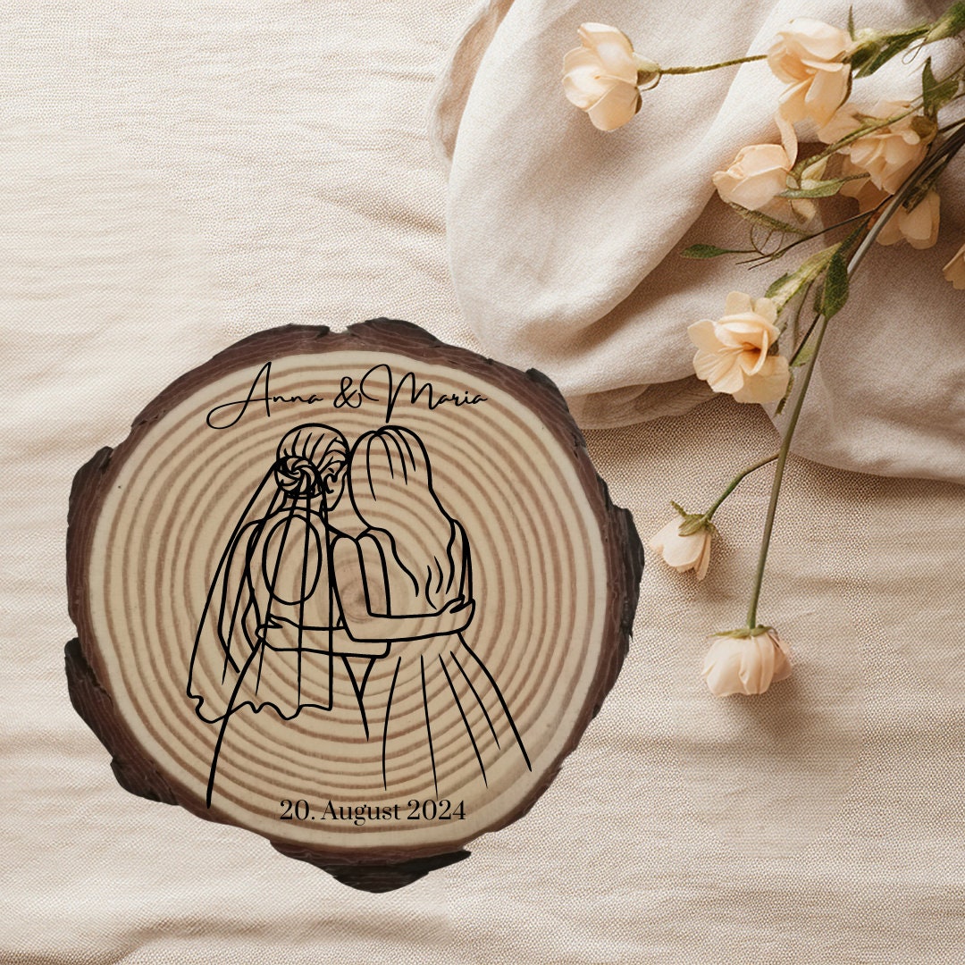 Personalisierte Naturholzscheibe aus Kiefernholz für Hochzeit, Geburtstag, für Paare zu Weihnachten, Gleichgeschlechtliche Ehepaare