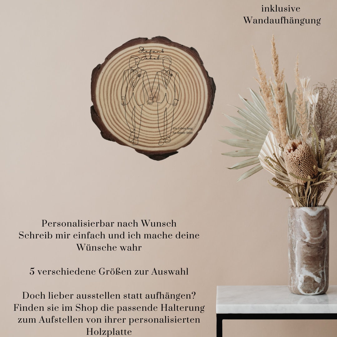 Personalisierte Naturholzscheibe aus Kiefernholz für Hochzeit, Geburtstag, für Paare zu Weihnachten, Gleichgeschlechtliche Ehepaare