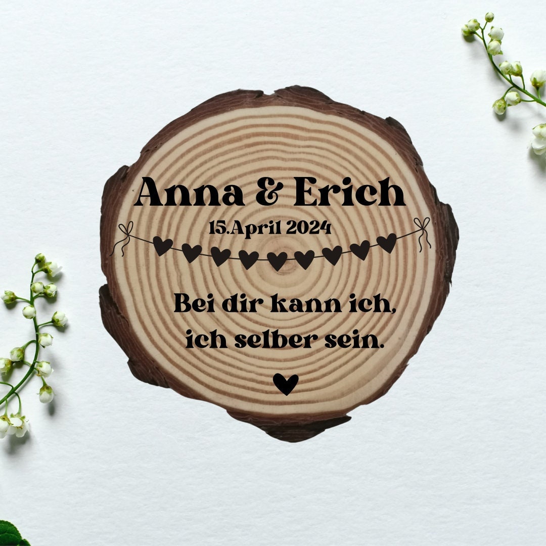 Personalisierte Naturholzscheibe aus Kiefernholz für Hochzeit, Gastgeschenk, für Paare zu Weihnachten, Gleichgeschlechtliche Ehepaare