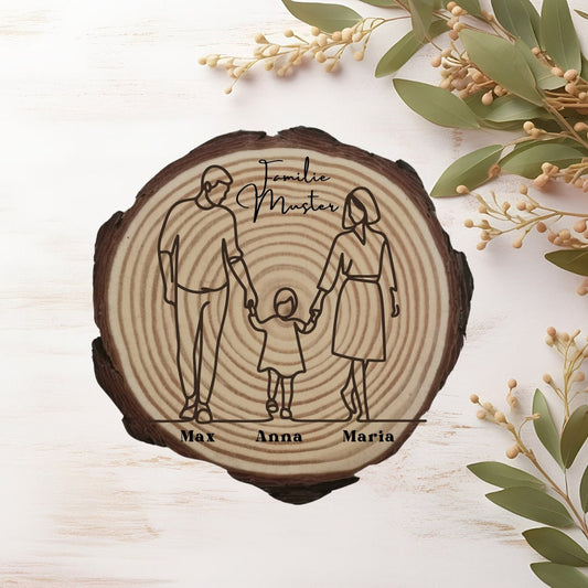 Personalisierte Naturholzscheibe für Familien, als einzigartige Deko oder als Hausschild, für Mama, Papa, Oma, aus Kiefernholz