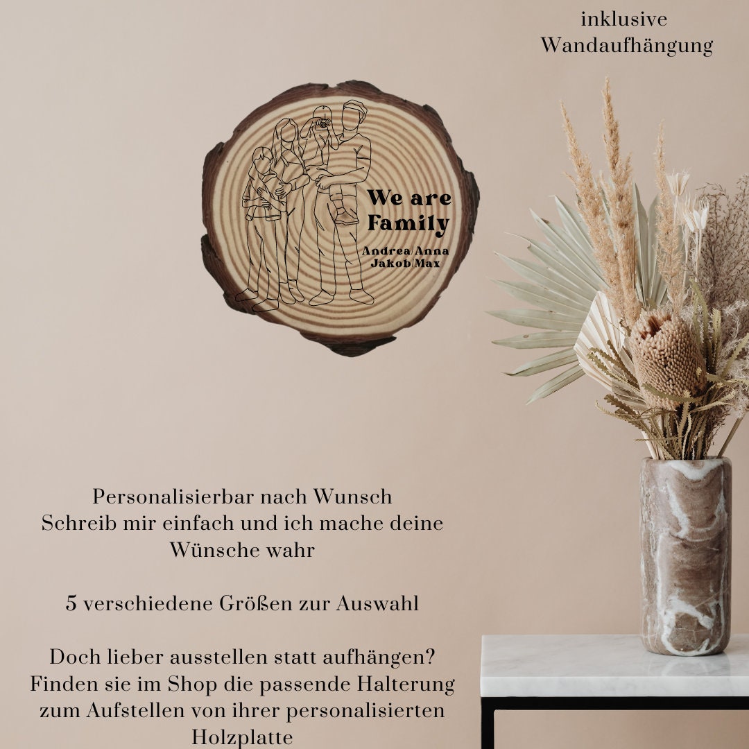 Personalisierte Naturholzscheibe für Familien, als einzigartige Deko oder als Hausschild, für Mama, Papa, Oma, aus Kiefernholz