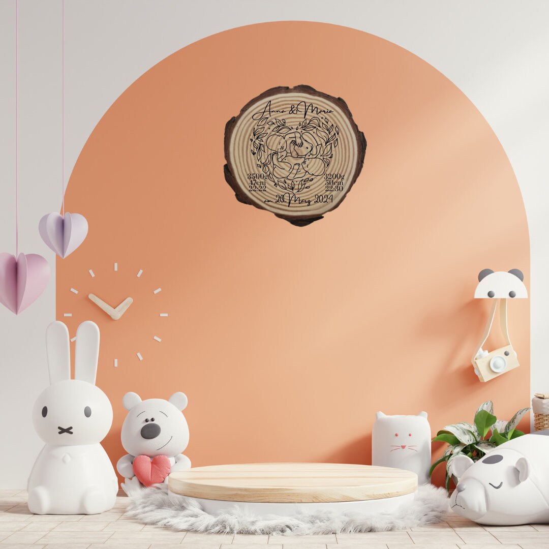 Personalisierte Naturholzscheibe zur Geburt, Baby, Zwillinge, als einzigartige Deko, für Mama, Oma, aus Kiefernholz, zum Geburtstag