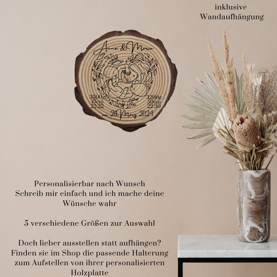 Personalisierte Naturholzscheibe zur Geburt, Baby, Zwillinge, als einzigartige Deko, für Mama, Oma, aus Kiefernholz, zum Geburtstag