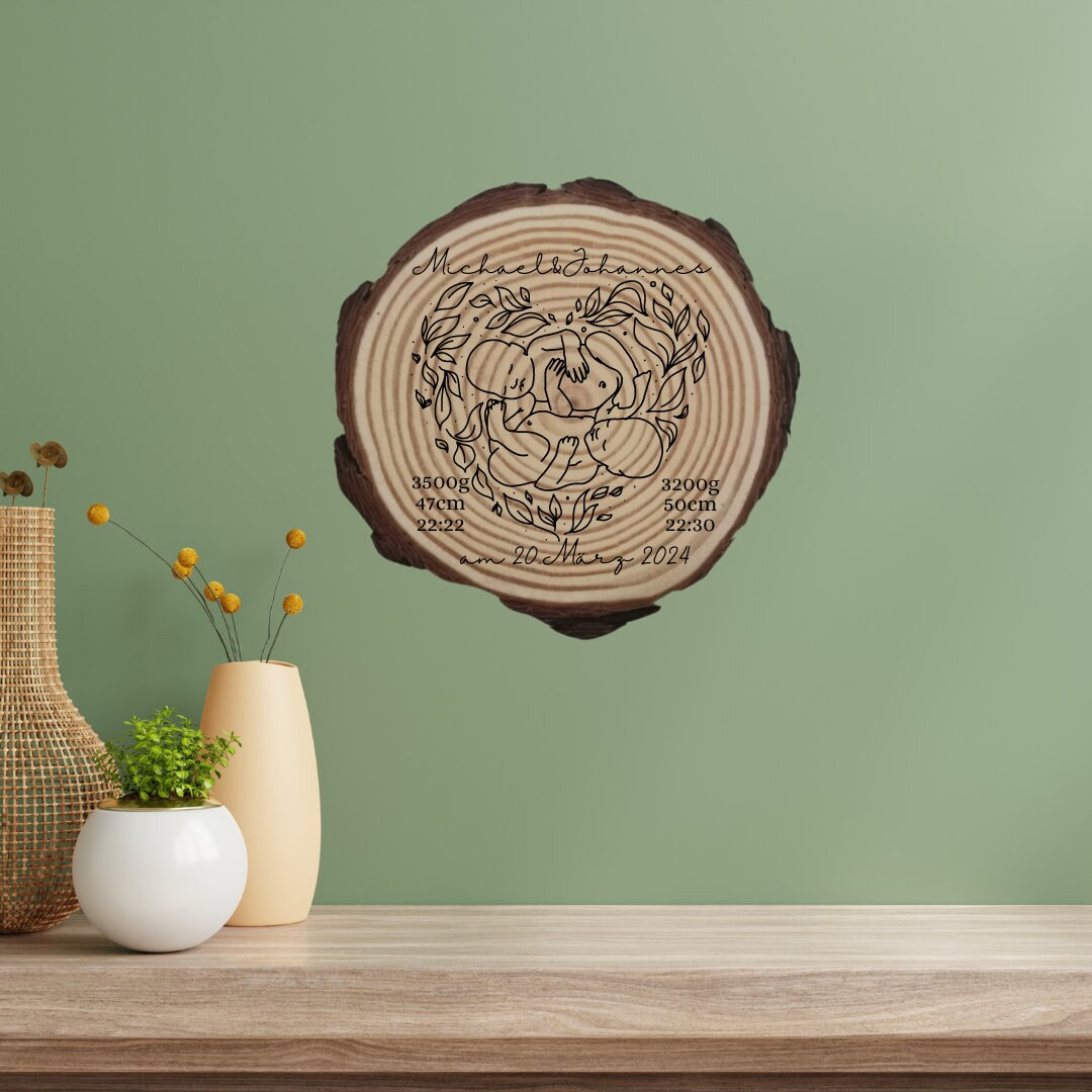 Personalisierte Naturholzscheibe zur Geburt, Zwillinge, Baby, als einzigartige Deko, für Mama, Oma, aus Kiefernholz, Weihnachten