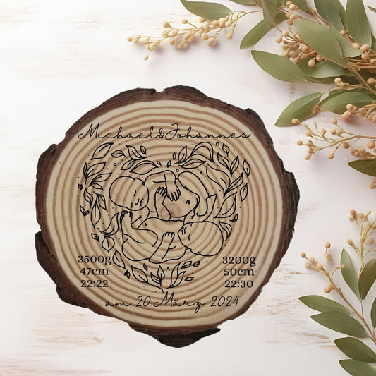 Personalisierte Naturholzscheibe zur Geburt, Zwillinge, Baby, als einzigartige Deko, für Mama, Oma, aus Kiefernholz, Weihnachten